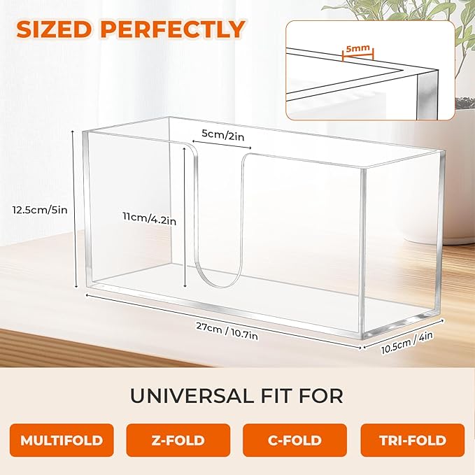 1PACK Paper Towel Holder, Countertop Paper Towel Dispenser Bathroom Paper Hand Towels Dispensers Clear Acrylic Napkin Holder Suitable for Z-fold, C-fold or MultiFold Trifold for Bathroom Kitchen - Image 2