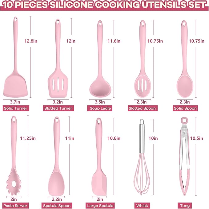 TeamFar Kitchen Cooking Utensils, 10 pcs Silicone Cooking Utensils Set, 446°F Heat Resistant Kitchen Gadgets Tools Set w/Spatula, Turners, Spoons, Soup Ladle, Pasta Server for Nonstick Cookware, Pink - Image 2