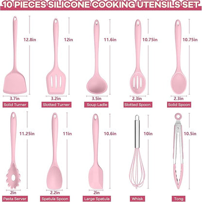 TeamFar Kitchen Cooking Utensils, 10 pcs Silicone Cooking Utensils Set, 446°F Heat Resistant Kitchen Gadgets Tools Set w/Spatula, Turners, Spoons, Soup Ladle, Pasta Server for Nonstick Cookware, Pink - Image 2