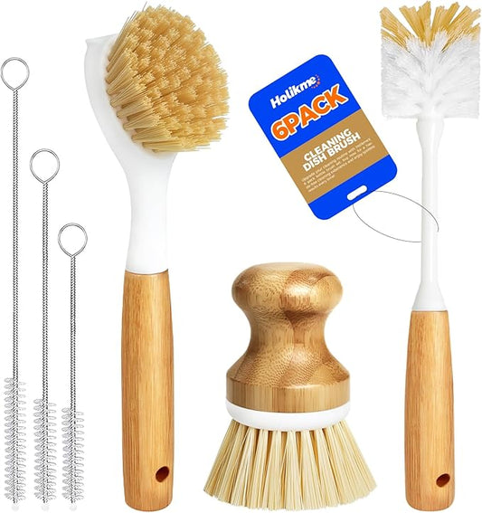 Holikme 6 Pack Dish Brush Scouring Pad Set with Bottle Brush, Dish Brush, Palm Scrub Brush and Straw Brush, Dish Scrubber Long Handle for Dish Bottle Cup Skillet Wok Pot Pan Cast Iron, Yellow by Holikme