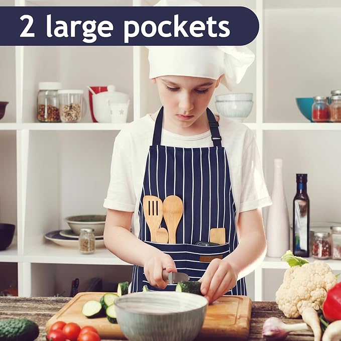 2 Pack Stripes Kids Apron, Kids Cooking Aprons with 2 Pockets, Cute Aprons for Cooking for Boys and Girls