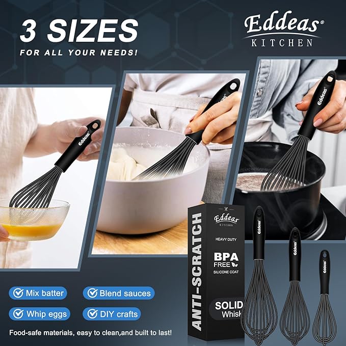 Whisks For Cooking - 500 °F Heat Resistant Silicone Whisk, Heavy Duty 7",9"&11inch Non-Scratch Balloon Kitchen Wisk tool Set, for cooking Wisking, Blending, Beating, Stirring, 3 Piece Black - Image 6