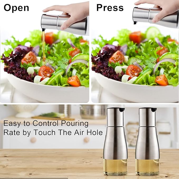 Tebery 2 Pack Silver Olive Oil and Vinegar Dispenser Set, 10OZ Oil Dispenser Cruet with Easy & Drip Free Pouring, Elegant Stainless Steel with Glass Bottom - Image 3