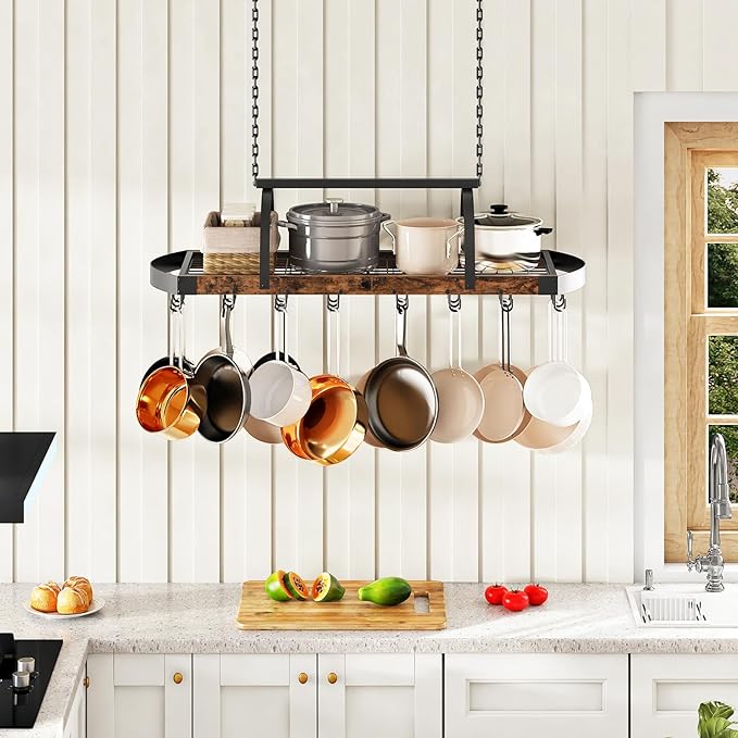 CHOEZON Hanging Pot Rack, Pot Hanger for Kitchen, Ceiling Mounted Pot Holder, Cookware Organizer with 24 S-Shaped Hooks, for Pot, Pan Storage, Space-Saving, Rustic Brown and Black TPR28BF - Image 3