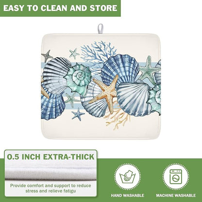 Summer Sea Shell Drying Mat 18x16 Inch, Starfish Drying Mat with Absorbent Reversible Microfiber, Coastal Dish Drainer Mats Holiday Ocean Rack Pad for Coffee Countertop Kitchen Protector