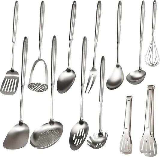 304 Stainless Steel Cooking Utensils Set, 13 PCS Long Large Metal Cooking Utensil Tools Set, Mirror Polished Kitchen Gadget Cookware and Kitchen Tool Set, Dishwasher Safe