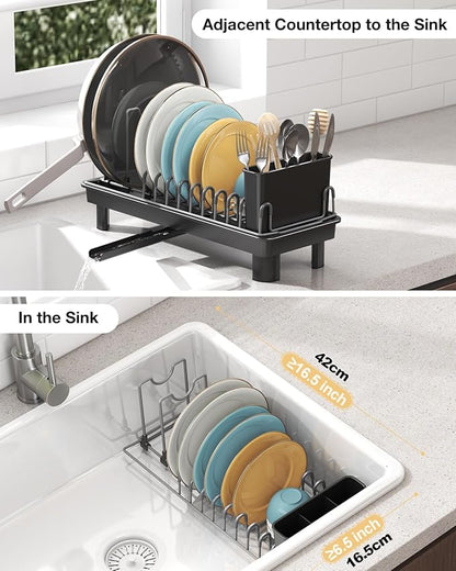 Small Dish Drying Rack Carbon Steel Dish Rack Rustproof for Kitchen Counter Compact Dish Drainer with Adjustable Slots for Small Kitchens & Apartments 16.5×6.5×7inch Black - Image 3