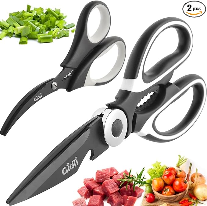 Titanium Coated Kitchen Scissors 2-Piece Set by Gidli - Liftime Replacement Warranty* - Heavy Duty Kitchen Shears for Meat and Food Prep - Includes Bonus 7" Seafood Scissors with Ergonomic Grip by Gidli