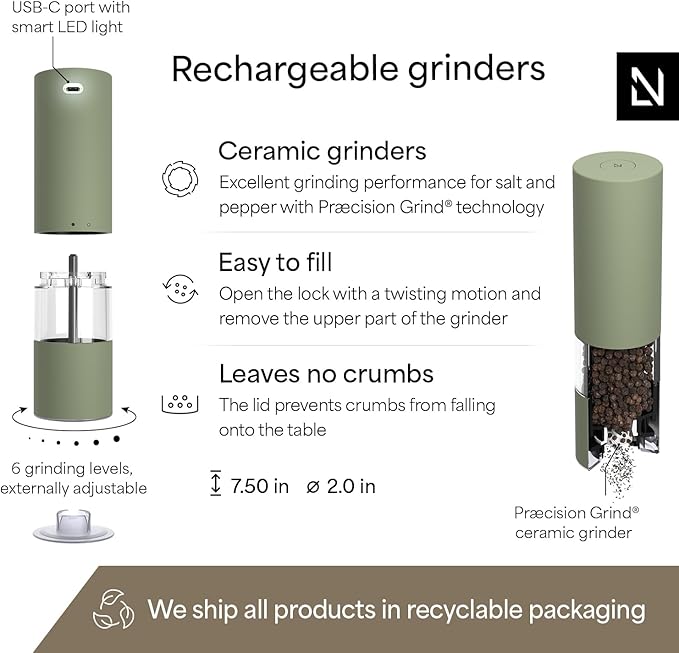 LARS NYSØM Electric Salt and Pepper Grinder Set I Automatic Salt and Pepper Mills with Adjustable Ceramic Grinder I USB Rechargeable Electric Spice Mill Set with LED Light (Sage Green) - Image 4
