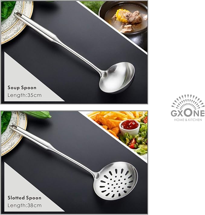 Kitchen Utensil Set – 6 Piece Stainless Steel Cooking Utensils with Rotating Holder Organizer Includes Slotted Spoon, Slotted Spatula, Large Spoon, Soup Ladle, Spatula, Pasta Server Silver/7PCS - Image 4