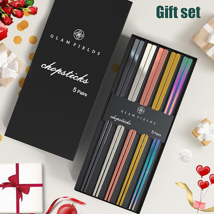 GLAMFIELDS Metal Chopsticks Reusable Chopsticks Dishwasher Safe Multipack Stainless Steel Japanese Style 5 Pairs Lightweight Chop Sticks Gift Set - Image 6