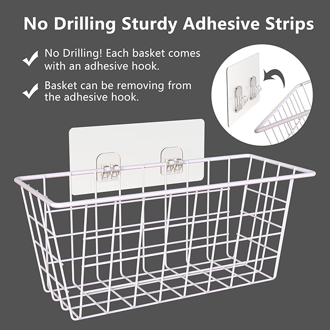 MaraFansie Wall Wire Baskets Adhesive Basket Hanging Kitchen Baskets No Drilling for Cabinet & Pantry Organization and Kitchen, Bathroom, Bedroom Storage, 4 Pack, White - Image 3