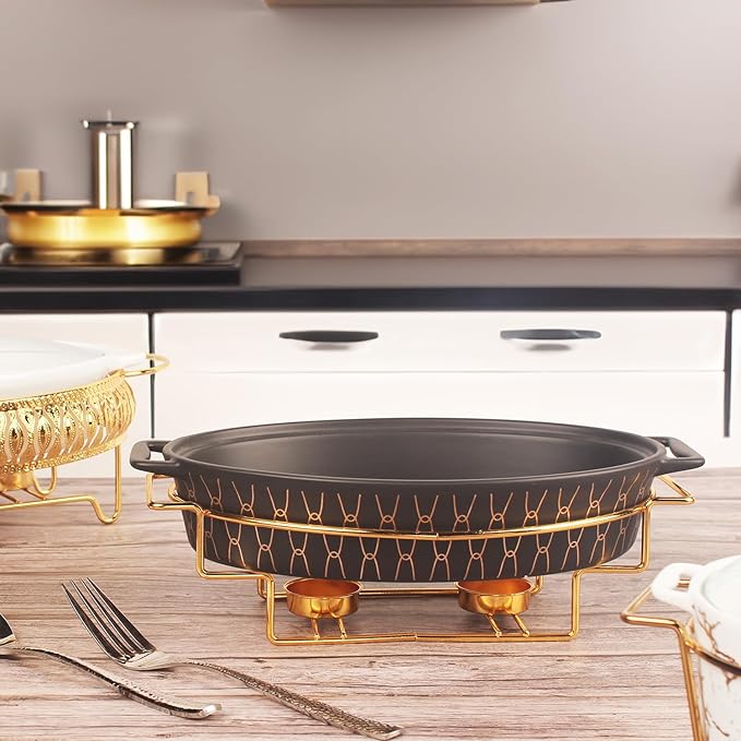 10" x 7" Ceramic Oval Casserole Dish with Glass Lid and Gold rack, 30 Ounce Serving Soup Tureen,Chafing Dish for Buffet, Family Food preserve Tray, Catering Casserole for Party Style, Black
