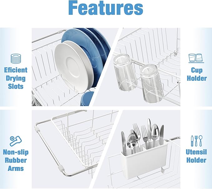 JASIWAY Dish Drying Rack in Sink, Small Dish Drainers for Inside Sink, Over The Sink Dish Racks, Stainless Steel Drying Rack with Utensil Holder, White - Image 6