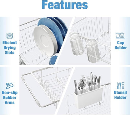 JASIWAY Dish Drying Rack in Sink, Small Dish Drainers for Inside Sink, Over The Sink Dish Racks, Stainless Steel Drying Rack with Utensil Holder, White - Image 6