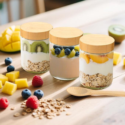 TBWIND 4 Pack 16oz Glass Jars with Bamboo Lids, Spoons, Airtight Overnight Oats Containers, Wide Mouth Mason Jars, Food Storage Container for Yogurt Salad Snacks Spice Sugar Meal Prep – Reusable