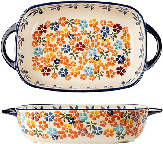 Colorful Cherry Blossom Flowers Vintage Style Ceramic Bakeware Dish Casserole Dish Baking Pan Lasagna Pans with Handles for Oven/Cooking/Kitchen, 1 PCS, 60 oz by Bicuzat