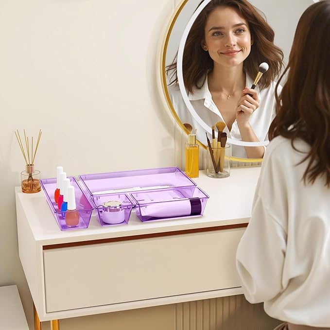StorMiracle 32 PCS Clear Plastic Drawer Organizer Set, 4-Size vanity organizer Trays and Storage Bins for Makeup, Jewelry and Gadgets in Bedroom, Bathroom and Office, Clear Purple - Image 6