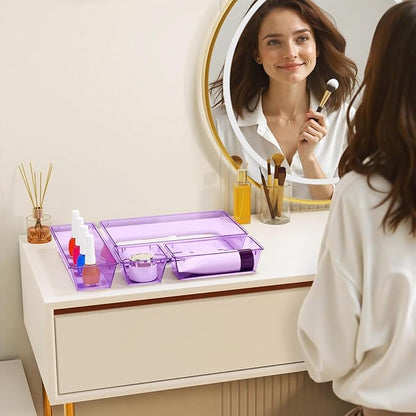 StorMiracle 32 PCS Clear Plastic Drawer Organizer Set, 4-Size vanity organizer Trays and Storage Bins for Makeup, Jewelry and Gadgets in Bedroom, Bathroom and Office, Clear Purple - Image 6
