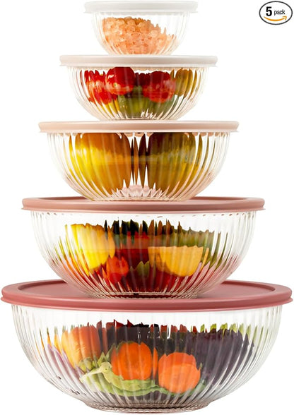 Glass Mixing Bowls with Lids Sets, 5 Packs Glass Bowls with Lids for Kitchen Baking, Meal Prepping and Salad, Bpa Free and Dishwasher Safe Serving Bowls, 0.2/0.5/1.1/2.1/3.7Qt by Freshmage
