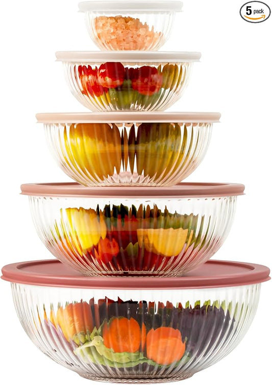 Glass Mixing Bowls with Lids Sets, 5 Packs Glass Bowls with Lids for Kitchen Baking, Meal Prepping and Salad, Bpa Free and Dishwasher Safe Serving Bowls, 0.2/0.5/1.1/2.1/3.7Qt by Freshmage
