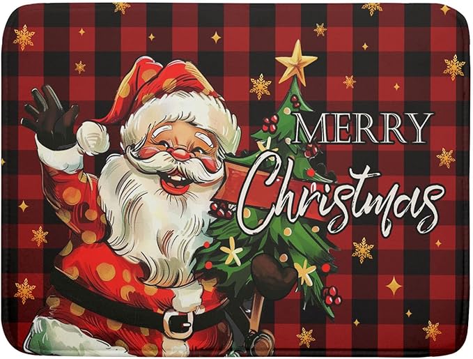 Merry Christmas Santa Claus Red Buffalo Plaid Dish Drying Mat for Kitchen Counter,Winter Snowflake Xmas Tree Drying Mat 18 x 24 Inch with Absorbent Reversible Microfiber Dish Drying Pad for Coffee Bar by Anyako