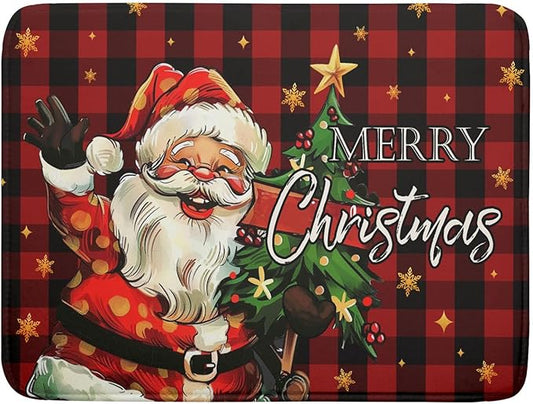 Merry Christmas Santa Claus Red Buffalo Plaid Dish Drying Mat for Kitchen Counter,Winter Snowflake Xmas Tree Drying Mat 18 x 24 Inch with Absorbent Reversible Microfiber Dish Drying Pad for Coffee Bar by Anyako