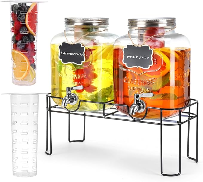 1.6 Gallon Glass Drink dispenser, 2 PCS Beverage Dispenser With Stand, Lemonade Dispenser with Stainless Steel Spigot,Drink Dispensers for Parties,Weddings, Picnic by MIWUYI