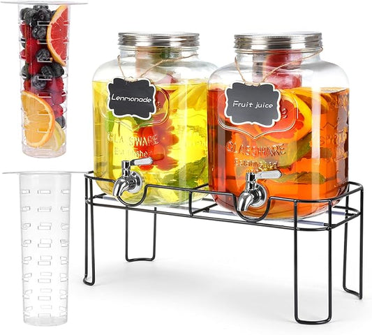 1.6 Gallon Glass Drink dispenser, 2 PCS Beverage Dispenser With Stand, Lemonade Dispenser with Stainless Steel Spigot,Drink Dispensers for Parties,Weddings, Picnic by MIWUYI