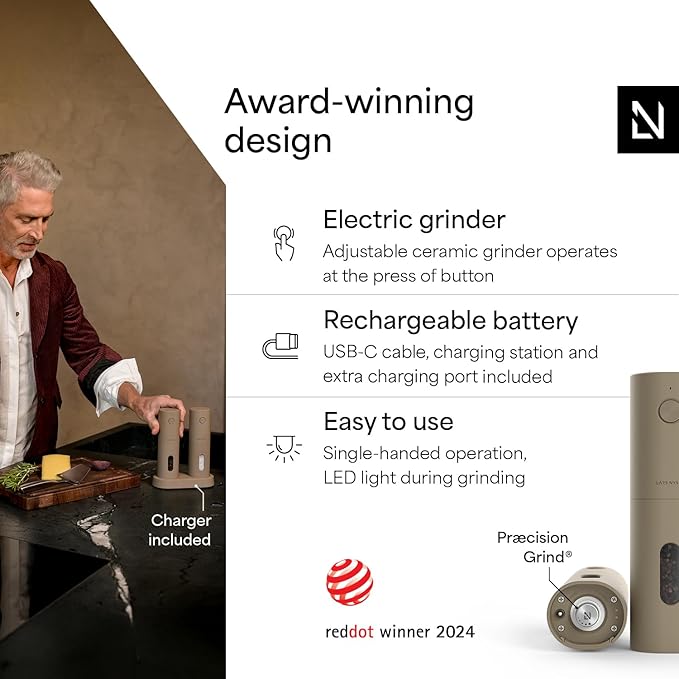 LARS NYSØM Electric Salt and Pepper Grinder Set, USB Rechargeable, Automatic Salt and Pepper Mills, Spice Shakers Refillable with LED Light, Adjustable Coarseness, Ceramic Grinder (Taupe Brown) - Image 2