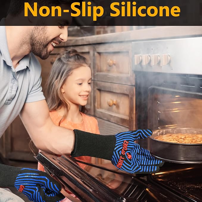 QUWIN BBQ Gloves, Oven Gloves 1472℉ Extreme Heat Resistant, Grilling Gloves Silicone Non-Slip Oven Mitts, Kitchen Gloves for BBQ, Grilling, Cooking, Baking-1 Pair… (Black Blue, One SizeLong Cuff - Image 4