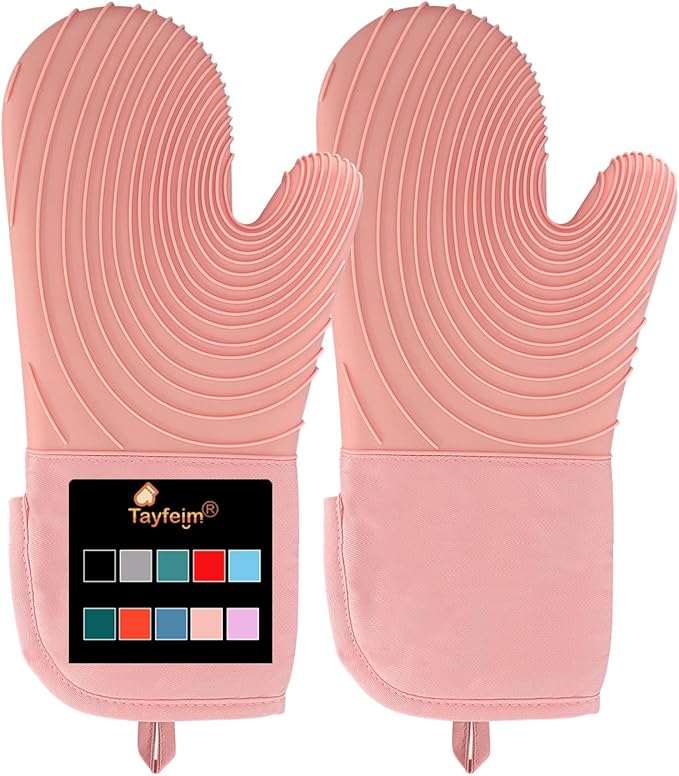 Silicone Oven Mitts-13.6 in Extended Oven Mitts Heat Resistant 500F, Oven Gloves with Soft Liner Good Grippy BPA-Free Easy to Clean Flexible-Oven Mits Set for Cooking Baking Grilling BBQ by Tayfeim