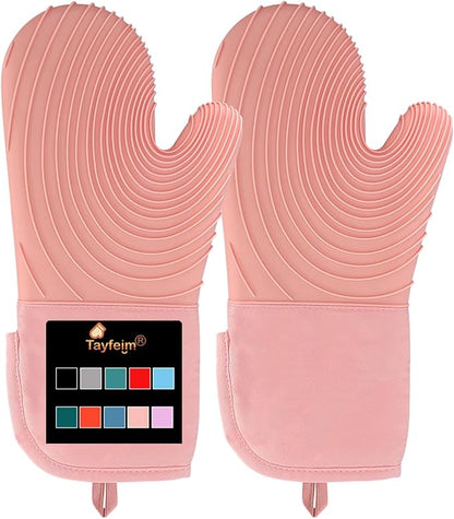Silicone Oven Mitts-13.6 in Extended Oven Mitts Heat Resistant 500F, Oven Gloves with Soft Liner Good Grippy BPA-Free Easy to Clean Flexible-Oven Mits Set for Cooking Baking Grilling BBQ by Tayfeim