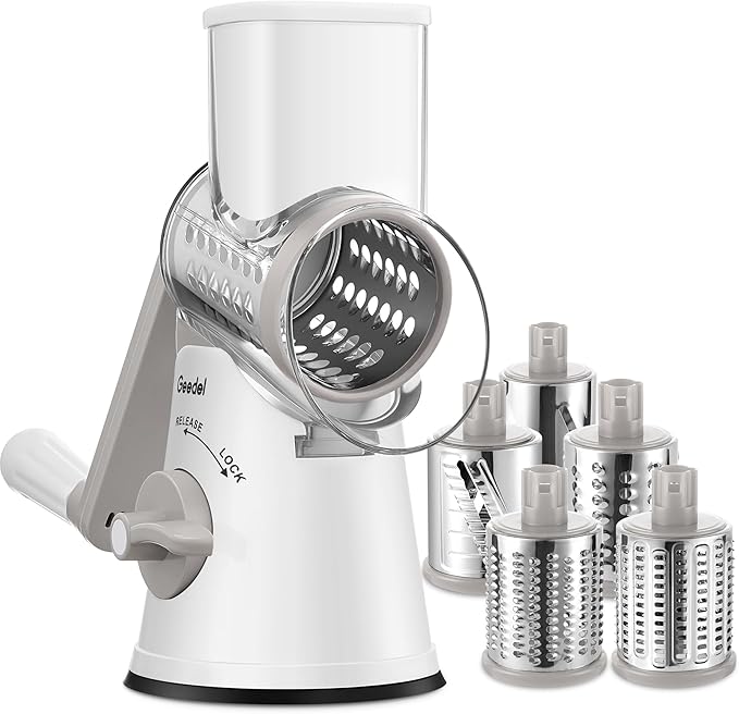 Geedel Rotary Cheese Grater Cheese Shredder with 5 Interchangeable Blades - Upgraded Rotary Grater Featuring Strong Suction Base for Cheese Shredding, Wavy Slicing, Nut Grinding, and Ice Shaving by Geedel