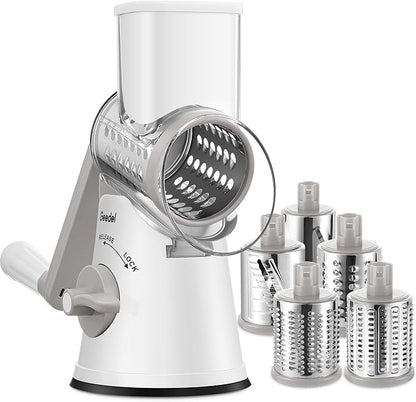 Geedel Rotary Cheese Grater Cheese Shredder with 5 Interchangeable Blades - Upgraded Rotary Grater Featuring Strong Suction Base for Cheese Shredding, Wavy Slicing, Nut Grinding, and Ice Shaving by Geedel