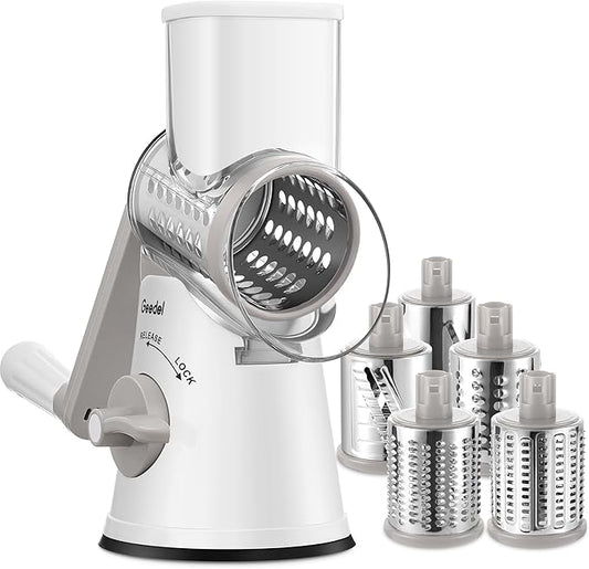 Geedel Rotary Cheese Grater Cheese Shredder with 5 Interchangeable Blades - Upgraded Rotary Grater Featuring Strong Suction Base for Cheese Shredding, Wavy Slicing, Nut Grinding, and Ice Shaving by Geedel