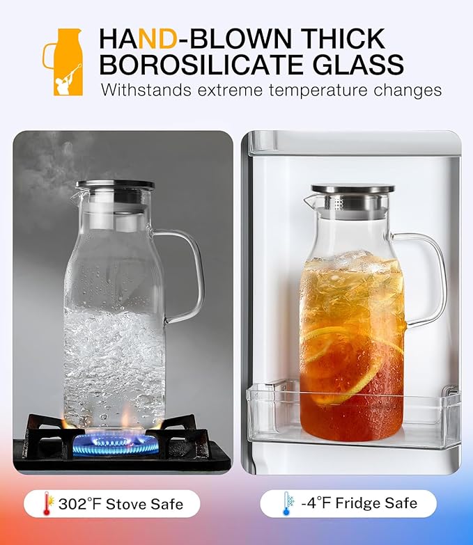 LUNA&MANTHA 2 Pack 2 Liter 68 oz Glass Pitcher with Lid and Handle, Water Pitcher for Fridge, Large Ice Tea Jug for Hot/Cold Drinks, Thick Borosilicate Glass Carafe for Coffee, Juice, Sangria - Image 4