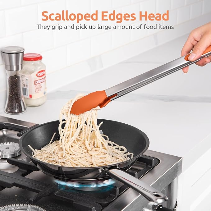600ºF Heat Resistant Kitchen Tongs: U-Taste 16 inch Extra Long Large Silicone Cooking Tong with Sturdy Non Stick Rubber Tips & Non Slip Silicon Coated 18/8 Stainless Steel Handle for Grill BBQ(Orange) - Image 4