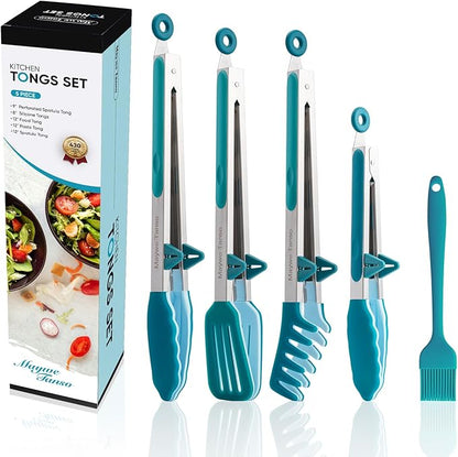 5-Pack Silicone Tongs for Cooking,Maywe Tanso 4PCS 13-Inch Kitchen Tongs with Silicone Tips,Nonstick Stainless Steel Tong for Steak Pie Pizza Pasta Spaghetti Salad BBQ Buffet,Plus Brush by MayweTanso