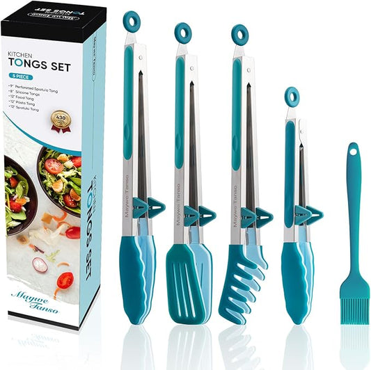 5-Pack Silicone Tongs for Cooking,Maywe Tanso 4PCS 13-Inch Kitchen Tongs with Silicone Tips,Nonstick Stainless Steel Tong for Steak Pie Pizza Pasta Spaghetti Salad BBQ Buffet,Plus Brush by MayweTanso