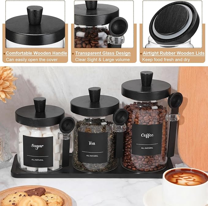 Suclain 3 Pcs Glass Coffee Container with Wooden Lid Spoon Shelf Labels Clear Airtight Jar Food Storage Canister Set for Sugar Spice Coffee Bean Holder Housewarming Gift (13.5,20,25 oz,Black Bamboo) - Image 3