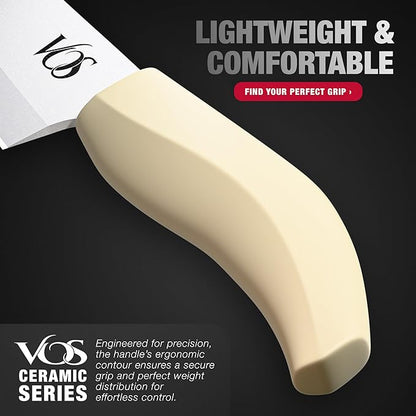 Vos ceramic knives set for kitchen in gift box, 5 ceramic knife with cover with scissors, 3" 4" 5" 6" ultra sharp knives for home cooks, lightweight, rust-free, dishwasher safe (Off-white handle)
