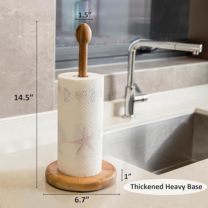 14.5" Acacia Wooden Paper Towel Holder, 6.7" Large Heavy Base Wooden Kitchen Paper Towel Roll Stand Organizer Free Standing Paper Roll Holder, Thickened Rustic Farmhouse Paper Towel Holder Stand
