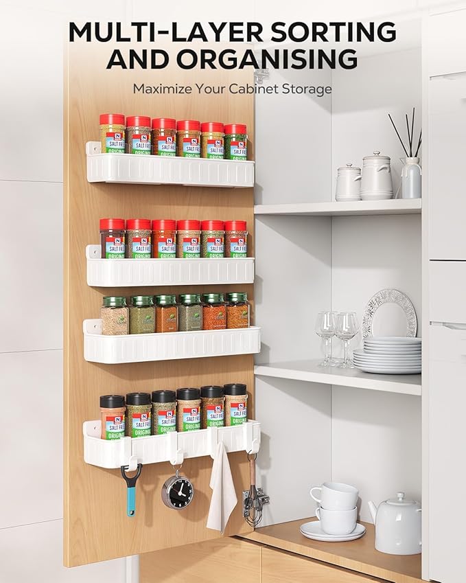 Nieifi Spice Rack Wall Mount, Spice Organizer for Spice Jars, Screw or Adhesive Hanging Organizer for Kitchen Cabinet or Pantry Door, 4 Pack, White, ABS Plastic - Image 3