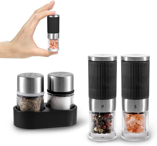 VEVOK CHEF Mini Salt and Pepper Grinder set with 2 Small Salt and Pepper Shakers Portable Cute Tiny Spice Grinder Pepper Mill Salt Grinder for Travel, Work, Camping, Party, School, Lunch Box