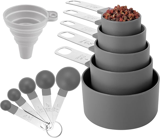 Measuring Cups and Spoons Set of Huygens Kitchen Gadgets 10 Pieces, Stackable Stainless Steel Handle Measuring Cups for Measuring Dry and Liquid Ingredient (Gray) by Huygens