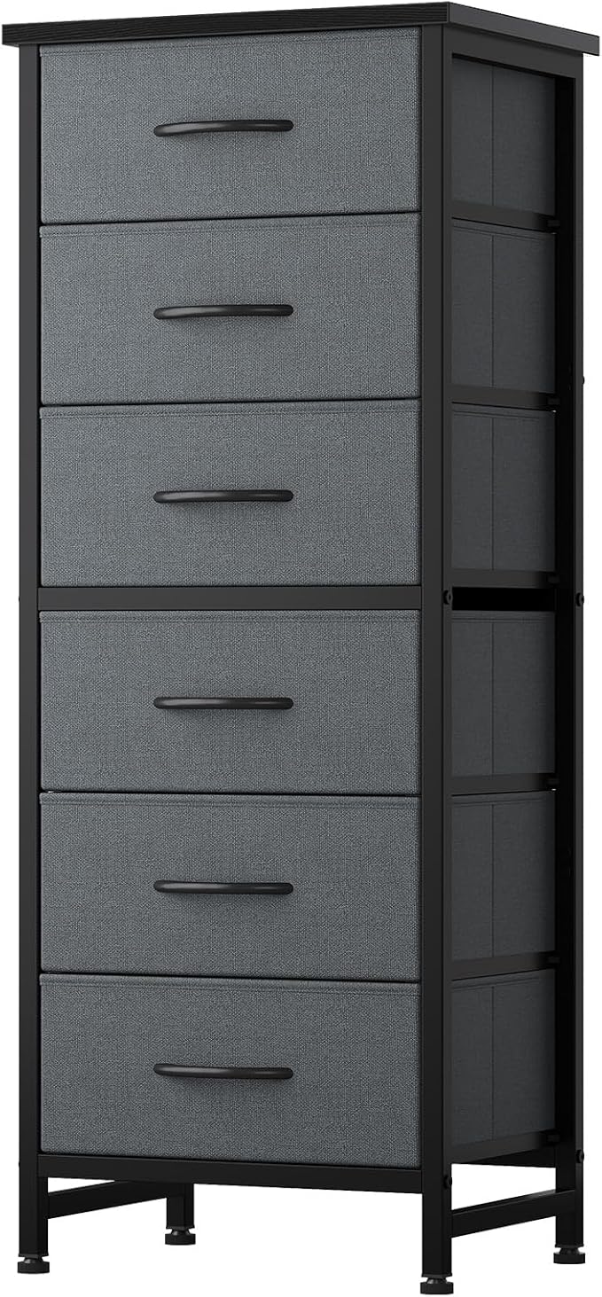 Sweetcrispy Tall Fabric Dresser for Bedroom, 6 Drawer Skinny Chest of Drawers, Narrow Storage Tower with Wood Top and Metal Frame, Vertical Nightstand for Closet, Bedroom Organization Furniture, Grey