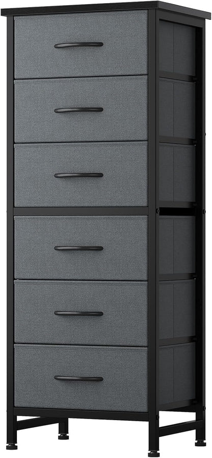 Sweetcrispy Tall Fabric Dresser for Bedroom, 6 Drawer Skinny Chest of Drawers, Narrow Storage Tower with Wood Top and Metal Frame, Vertical Nightstand for Closet, Bedroom Organization Furniture, Grey