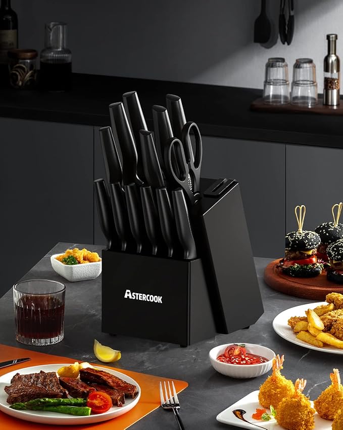 Astercook Knife Set, Kitchen Knife Set with Built-in Sharpener Block, Dishwasher Safe, 15 Pieces German Stainless Steel Knife Block Set, Black Mothers Day Gifts for Kitchen - Image 9