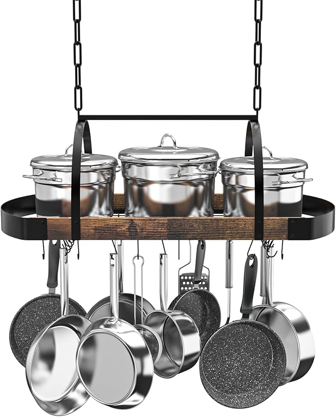 Hanging Pot Rack,32-Inch Ceiling Pot Rack for Kitchen,Space-Saving Pot Hanger with 16 Detachable S Hooks,Sturdy Metal Frame,Industrial Style,for Pot, Pan Storage,Space-Saving by Chloraeon